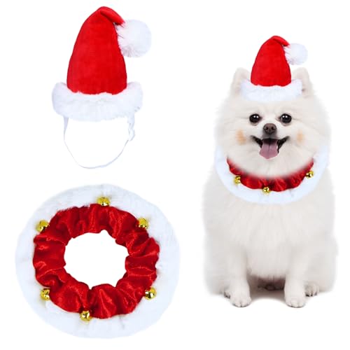 GOYOSWA Weihnachts-Outfit für Hunde, Weihnachtsmannmütze, Weihnachts-Hundehalsband mit Glöckchen, Ornamente, Urlaubs-Hunde-Outfit, Kostüm für kleine, mittelgroße und große Hunde, Haustiere (Größe S) von GOYOSWA