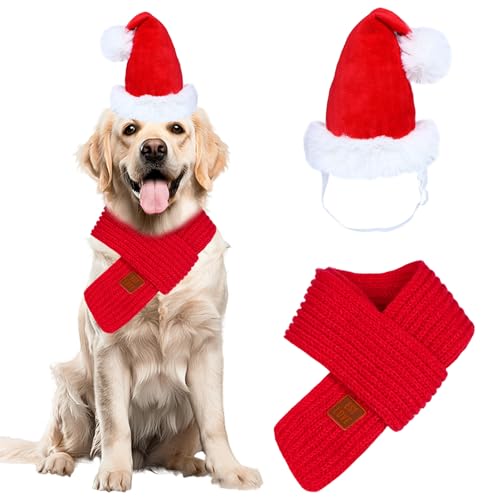 GOYOSWA Weihnachtsmütze und Schal für Hunde, Weihnachtsoutfit für Hunde, verstellbar, gestrickter Hunde-Weihnachtsschal, Urlaubs-Hunde-Outfit für kleine, mittelgroße und große Hunde, Haustiere (groß) von GOYOSWA
