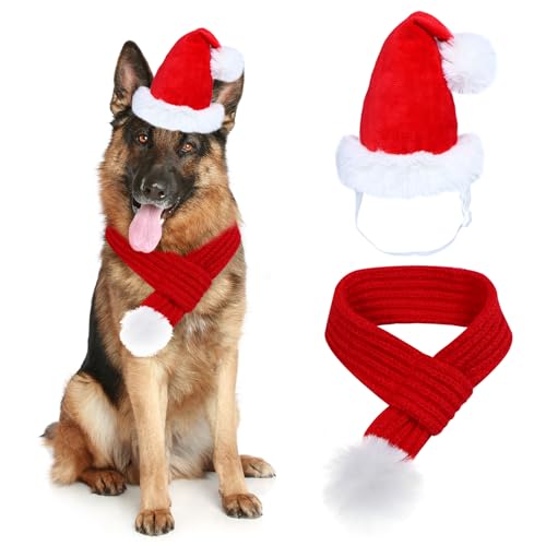 Goyoswa Weihnachts-Outfit für Hunde, verstellbar, gestrickt, Weihnachtsmannmütze und Schal mit Pompon-Ball, perfekt für kleine bis große Hunde von GOYOSWA