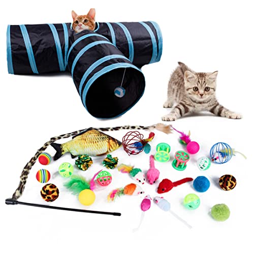 GOZAR 27-teiliges Haustier-Katzenspielzeug-Set, Katzenkanal, Teasing Stick, Glocke, Katzentunnel, Spielzeug von GOZAR