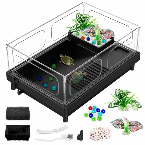 GOZILLA Kleine Schildkröte Tank Acryl Schildkröte Tank Starter Kit Reptilienlebensraum und Terrarium mit multifunktionalen Bereichen für Schildkröte, Krabben, Krebse, kleine Reptilien (Schwarzes Tank) von GOZILLA