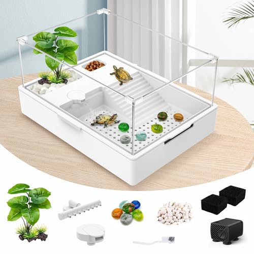 GOZILLA Kleiner Schildkrötentank + Wasserpumpe, Acryl-Schildkröten-Tank-Starter-Set mit verstellbarer 5-W-Wasserpumpe und zwei Duschköpfen, multifunktionaler Bereich für kleine Schildkröten (weißer von GOZILLA