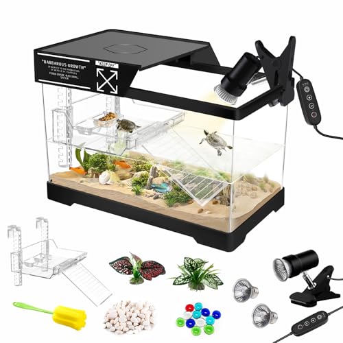 GOZILLA Mini-Schildkröten-Tank-Set mit Lampe, Upgrade-PC-Schildkröten-Tank-Starter-Set mit verstellbarer Lampe, Reptilien-Lebensraum mit Deckel, Hängeplattform für Babyschildkröten und von GOZILLA