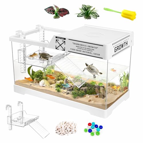 GOZILLA Turtle Tank Upgrade PC Turtle Tank Starter Kit Reptile Habitat with Lid Hanging Basking Platform, Bottom Drainage for Turtles, Amphibien and Small Reptiles (15.75×7.9×9''/ White) von GOZILLA
