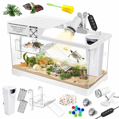 GOZILLA Wasserschildkröten-Tank-Set + Lampe + Filter, Upgrade-PC-Schildkröten-Tank-Starter-Set mit verstellbarer Lampe und Filter, Reptilien-Lebensraum mit Deckel, Hängeplattform für kleine Reptilien von GOZILLA