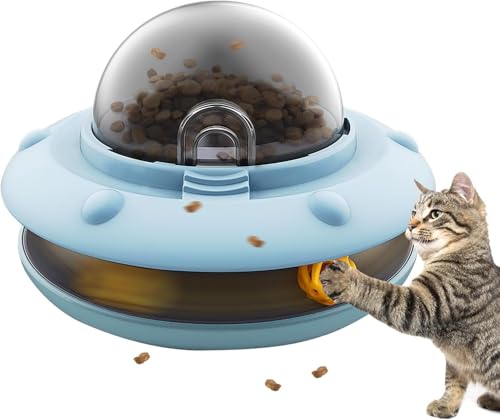 Katzenspielzeug Selbstbeschäftigung mit Kugelbahn Ball, Interaktives Snackspender Katzen, Futterspender Katze mit 3 verstellbare Futterportale, Spielanregung und Essenskontrolle, USB Laden (Blau) von GQDGCU