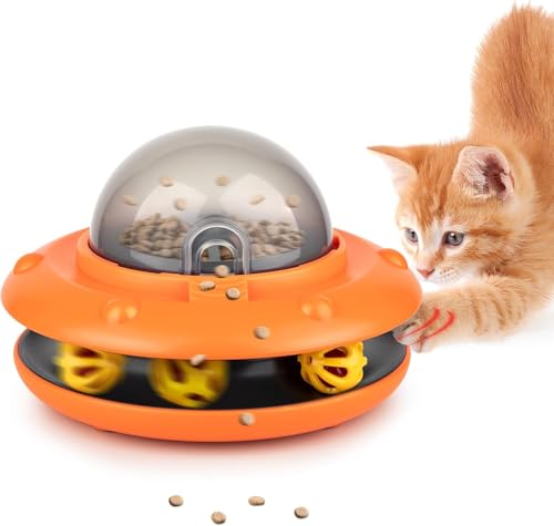 Katzenspielzeug Selbstbeschäftigung mit Kugelbahn Ball, Interaktives Snackspender Katzen, Futterspender Katze mit 3 verstellbare Futterportale, Spielanregung und Essenskontrolle, USB Laden (Orange) von GQDGCU