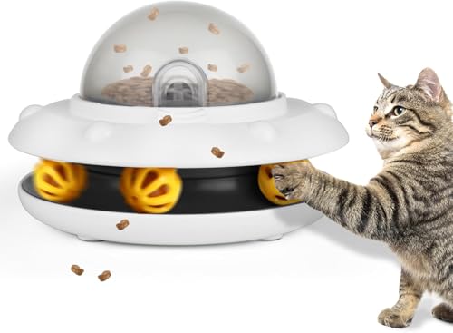 Katzenspielzeug Selbstbeschäftigung mit Kugelbahn Ball, Interaktives Snackspender Katzen, Futterspender Katze mit 3 verstellbare Futterportale, Spielanregung und Essenskontrolle, USB Laden (Weiß) von GQDGCU
