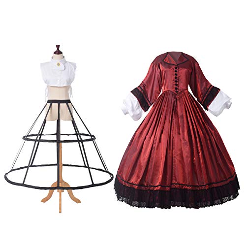 GRACEART Historisches Kostüm American War Dress Damen 1818er Jahre Langarm mit Petticoat Victorian Georgian Kleider mit Krinoline (L, Weinrot) von GRACEART
