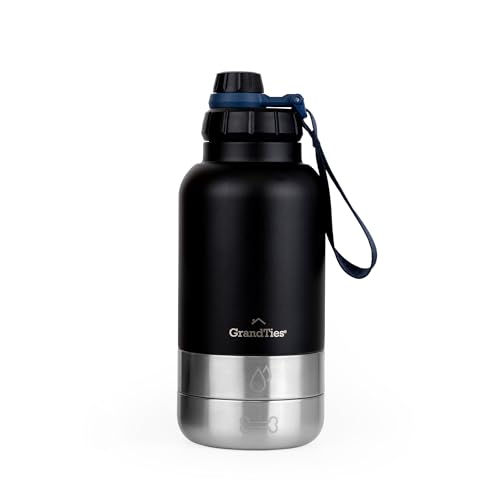 GrandTies Isolierte tragbare Hundewasserflasche mit 2 abnehmbaren Hundenapfspender, auslaufsicherer Hundefutter-Reisebehälter, Hundezubehör für Spaziergänge, Wandern, Camping (950 mL, Mattschwarz) von GRANDTIES