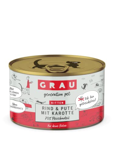 GRAU – das Original – Nassfutter für Katzen - Kitten - Rind, Pute & Karotte, 6er Pack (6 x 200 g), getreidefrei, für Kitten von GRAU generation pet