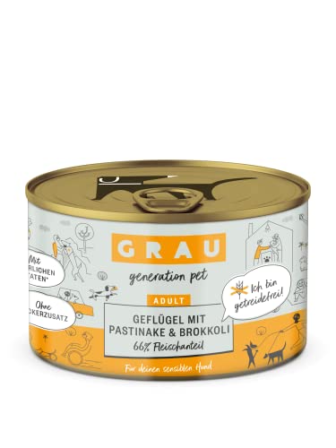 GRAU – das Original – Nassfutter für Hunde - Geflügel mit Pastinake/Brokkoli, 6er Pack (6 x 200 g), getreidefrei, für Sensible Erwachsene Hunde von GRAU generation pet