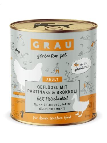 GRAU – das Original – Nassfutter für Hunde - Geflügel mit Pastinake/Brokkoli, 6er Pack (6 x 400 g), getreidefrei, für Sensible Erwachsene Hunde von GRAU generation pet