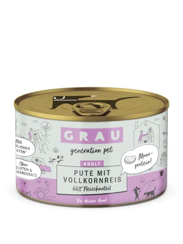 GRAU – das Original – Nassfutter für Hunde - Pute mit Vollkornreis, 6er Pack (6 x 200 g), Monoprotein, glutenfrei, für erwachsene Hunde von Grau