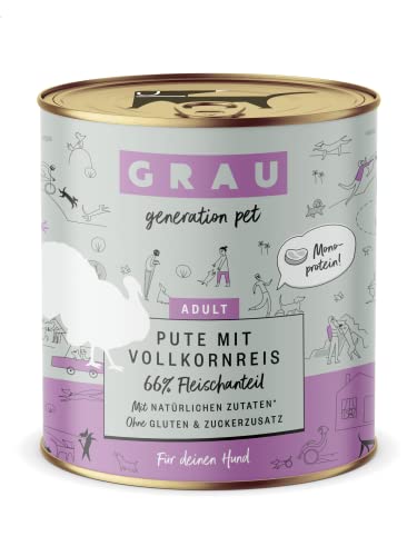 GRAU – das Original – Nassfutter für Hunde - Pute mit Vollkornreis, 6er Pack (6 x 400 g), Monoprotein, glutenfrei, für erwachsene Hunde von GRAU generation pet