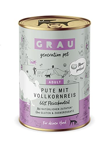 GRAU – das Original – Nassfutter für Hunde - Pute mit Vollkornreis, 6er Pack (6 x 400 g), Monoprotein, glutenfrei, für erwachsene Hunde von Grau