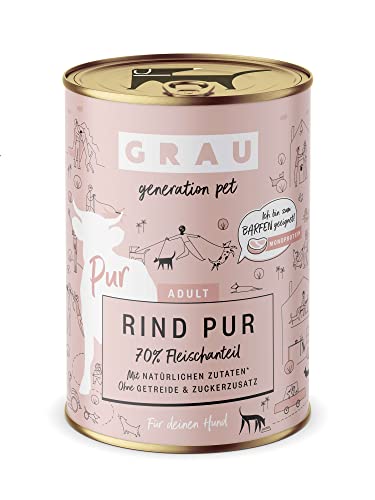 GRAU generation pet Rind Pur | 6 x 400 g | Nassfutter für Erwachsene Hunde | Rind als einzige tierische Proteinquelle | Zum BARFen, selbermixen oder als Ausschlussdiät geeignet von GRAU generation pet