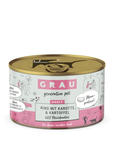 GRAU – das Original – Nassfutter für Hunde - Rind mit Karotte & Kartoffel, 6er Pack (6 x 200 g), Monoprotein, getreidefrei, für Sensible Erwachsene Hunde von Grau