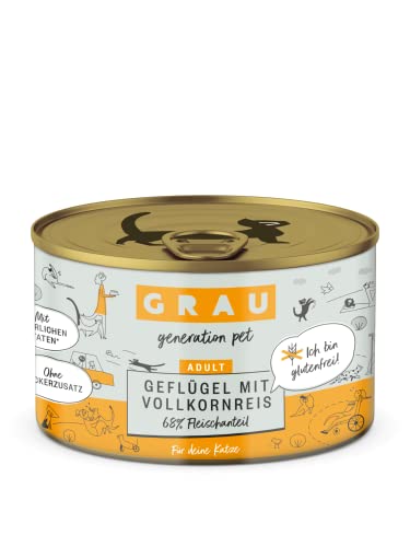 GRAU – das Original – Nassfutter für Katzen - Geflügel mit Vollkornreis, 6er Pack (6 x 200 g), glutenfrei, für Erwachsene Katzen von GRAU generation pet