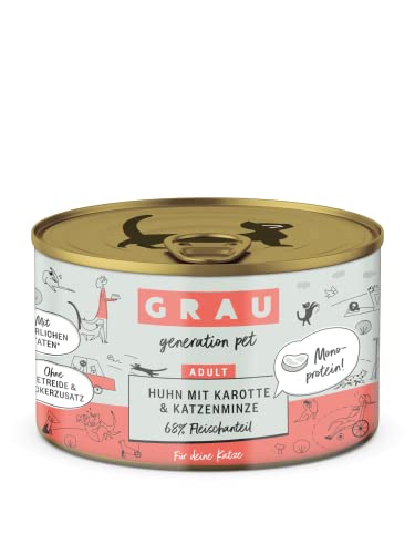 GRAU – das Original – Nassfutter für Katzen - Huhn mit Karotte & Katzenminze, 6er Pack (6 x 200 g), Monoprotein, getreidefrei, für Erwachsene Katzen von GRAU generation pet