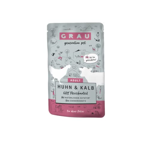 GRAU – das Original – Nassfutter für Katzen - Huhn & Kalb (Pouchbeutel), 16er Pack (16 x 125 g), getreidefrei, für Erwachsene Katzen von Grau
