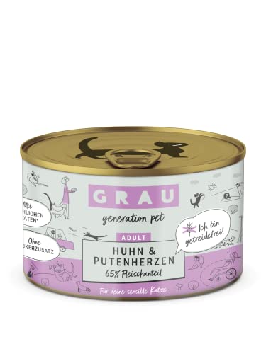 GRAU – das Original – Nassfutter für Katzen - Huhn & Putenherzen, 6er Pack (6x 200 g), getreidefrei, für erwachsene Katzen GRAU – das Original – Nassfutter für Katzen - Huhn & Putenherzen, 6er Pack (6x 200 g), getreidefrei, für erwachsene Katzen von Grau