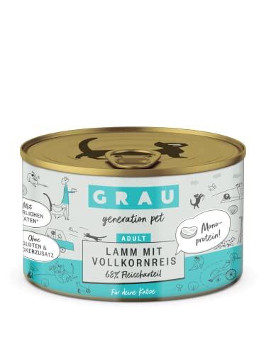 GRAU – das Original – Nassfutter für Katzen - Lamm mit Vollkornreis, 6er Pack (6 x 200 g), glutenfrei, für Erwachsene Katzen von GRAU generation pet