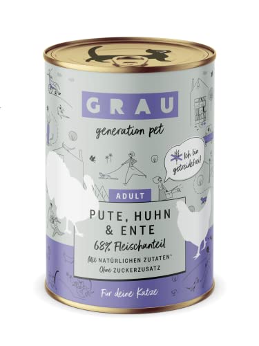 GRAU – das Original – Nassfutter für Katzen - Pute, Huhn & Ente, 6er Pack (6 x 400 g), getreidefrei, für Erwachsene Katzen von GRAU generation pet