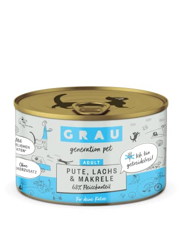 GRAU – das Original – Nassfutter für Katzen - Pute, Lachs, Makrele, 6er Pack (6 x 200 g), getreidefrei, für Erwachsene Katzen von GRAU generation pet