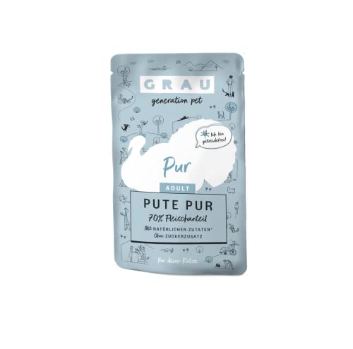 GRAU – das Original – Nassfutter für Katzen - Pute pur (Pouchbeutel), 16er Pack (16 x 125 g), Monoprotein, für Erwachsene Katzen von GRAU generation pet