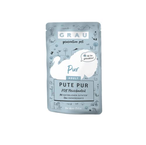 GRAU – das Original – Nassfutter für Katzen - Pute pur (Pouchbeutel), 16er Pack (16 x 125 g), Monoprotein, für Erwachsene Katzen von Grau