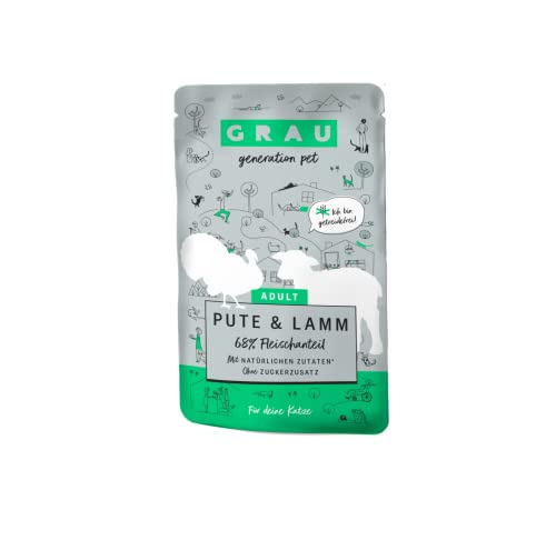 GRAU – das Original – Nassfutter für Katzen - Pute & Lamm (Pouchbeutel), 16er Pack (16 x 125 g), getreidefrei, für Erwachsene Katzen von Grau