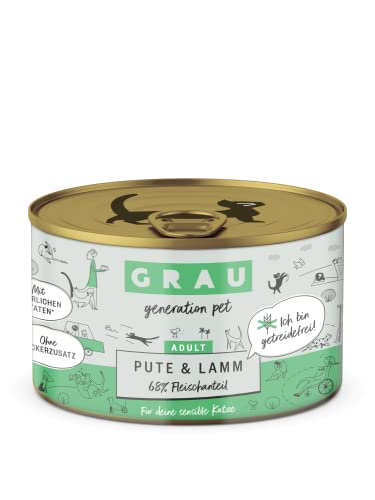 GRAU – das Original – Nassfutter für Katzen - Pute & Lamm, 6er Pack (6 x 200 g), getreidefrei, für Erwachsene Katzen von GRAU generation pet