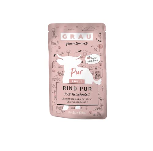 GRAU – das Original – Nassfutter für Katzen - Rind pur (Pouchbeutel), 16er Pack (16 x 125 g), Monoprotein, für Erwachsene Katzen von Grau