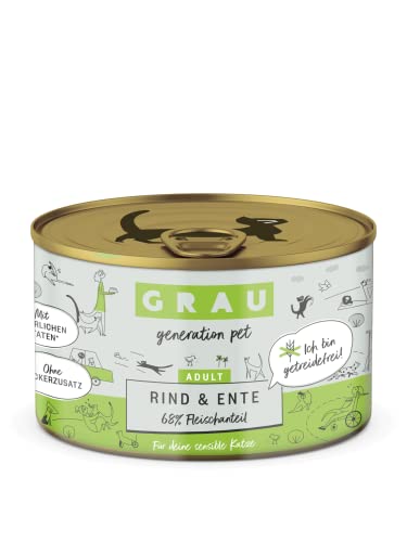 GRAU – das Original – Nassfutter für Katzen - Rind & Ente, 6er Pack (6 x 200 g), für Sensible Erwachsene Katzen von GRAU generation pet