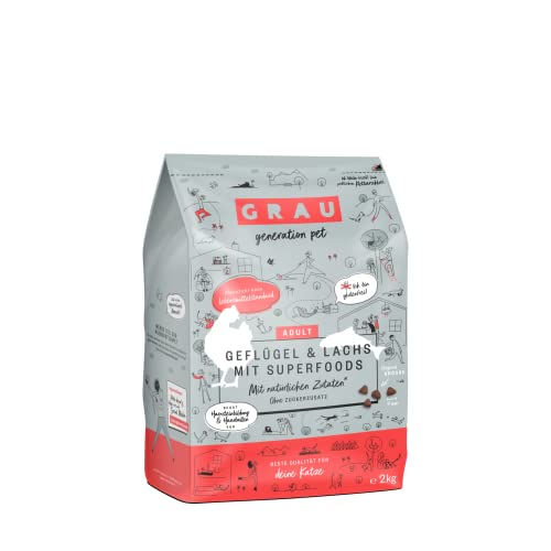 GRAU – das Original – Trockenfutter für Katzen, Geflügel & Lachs mit Superfoods, 1er Pack (1 x 2 kg), glutenfrei, für erwachsene Katzen von Grau