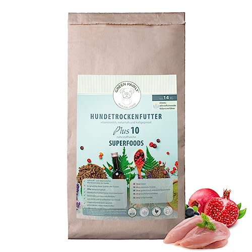 Premium Hunde Trockenfutter - Frischfleisch, Huhn, vitaminreich, naturnah und kaltgepresst mit 10 nährstoffreichen SUPERFOODS, magenschonend (hohe Verträglichkeit) (14 Kilogramm) von GREEN PAWLY NATURAL FOOD