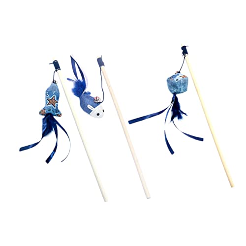 GREENADSCAPE 3stücke Holzgriff Katzenspielzeug Mit Blauen Puppenanhängern Interaktive Katzenangel Mit Fisch Und Quadratischem Block Und Langlebige Spielzeuge Für Katzen von GREENADSCAPE