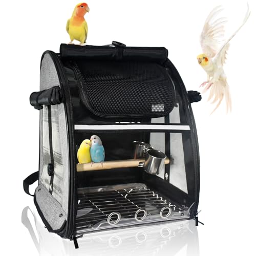 GREGCE Vogeltragetasche, Vogelreisekäfig mit Stehstange und unzerstörbarem Edelstahlnetz, tragbare, transparente atmungsaktive Tragetasche mit Futterschalen für kleine Vögel, Papageien, Sittich, Grau von GREGCE