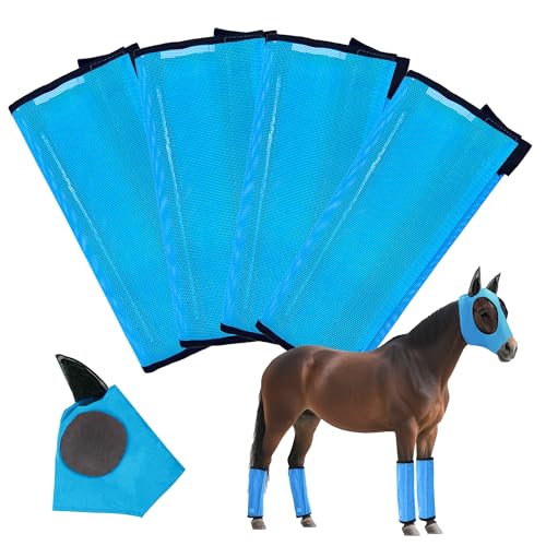 GRETMIX Pferd Fliegenstiefel & Pferd Fliegenmaske 5er Set, Mesh Belüftete Fliegenstiefel für Pferde, Verstellbar und Universal Fit für 4 Beine, Komfort Fliegenmasken für Pferde, Stomp-Reducing (Blau) von GRETMIX