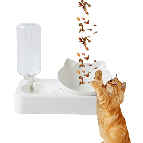 GRGE 500ML Katzennapfmit Automatischer Wasserflasche, Katzen Futternapf, Wasserspender Katzen, Fressnapf Katze, Pet Water Bowl Set, für Kleine Oder Mittelgroße Hunde und Katzen (Weiß) von GRGE