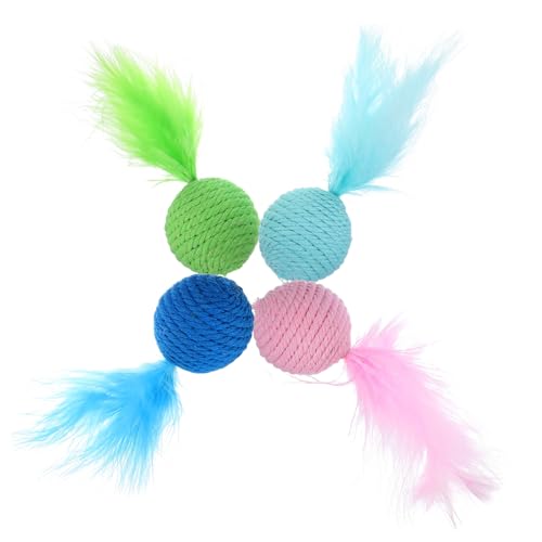 GRIRIW 4 Stück Bunte Katzen Spielbälle mit Federschwanz Weiche Indoor Kauspielzeuge für Kätzchen Langlebige Interaktive Katzenspielzeuge zur Beschäftigung und Krallenpflege von GRIRIW