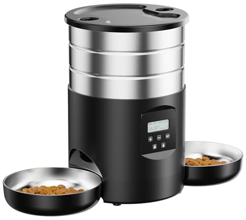 Futterautomat Katze 2 Näpfe Katzenfutter Automat: Edelstahl Futterspender Katze Programmierbarem Timer - 5L Hund Futterautomaten - Trockenfutterspender Zwei Stromquellen - für Klein/Mittlere Haustiere von GROOKPET