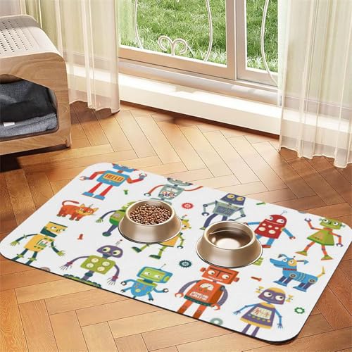 GSGCSBYMLG Niedliche Cartoon-Roboter bedruckte Haustier-Tischdecke aus saugfähigem Leder von GSGCSBYMLG