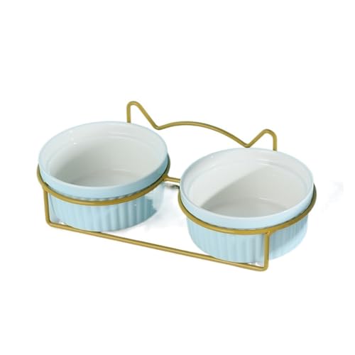 Hoher Katzenschüssel Erhöhter Katzennapf, Doppelnäpfe mit Metallständer, erhöhtes Futter- und Wassernäpfe-Set for Katzen, Kätzchen, Hunde für Futter und Wasser (Color : Gold-Blue-2) von GSJNHY