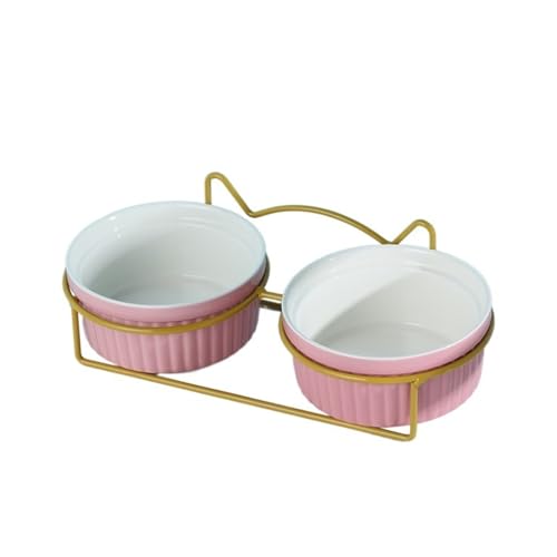 Hoher Katzenschüssel Erhöhter Katzennapf, Doppelnäpfe mit Metallständer, erhöhtes Futter- und Wassernäpfe-Set for Katzen, Kätzchen, Hunde für Futter und Wasser (Color : Gold-Pink-2) von GSJNHY