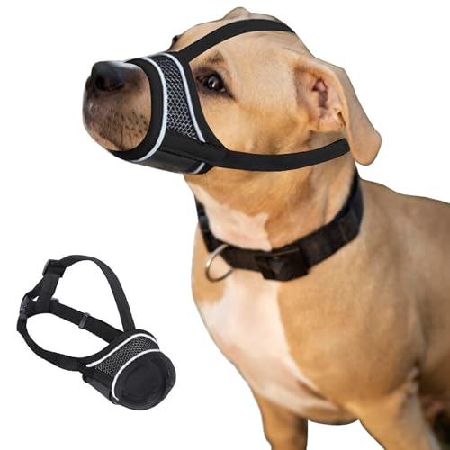 Hundemaulkorb, Netzmaulkorb für Hunde, atmungsaktiv, kein Bellen, mit verstellbarem Anti-Drop und reflektierendem Riemen, weicher Haustier-Maulkorb für Welpen, klein, groß, mittel, trinkbar (Schwarz, von GSNYSAN