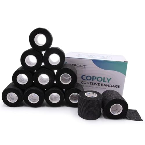 GSPCARE Selbsthaftende Bandage 5 cm x 4,5 m, 12 Rollen Elastisch Kohäsiver Verband Tierverband Selbstklebend, Haftbandage für Schwellungen der Knöchelverstauchungen am Handgelenk ( Schwarz ) von GSPCARE