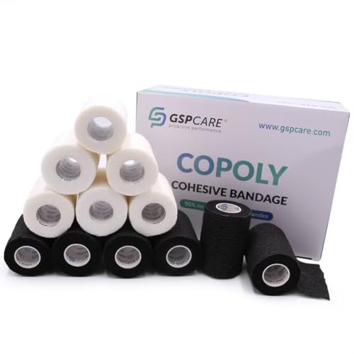 GSPCARE Selbsthaftende Bandage 7.5 cm x 4,5 m, 12 Rollen Elastisch Kohäsiver Verband Tierverband Selbstklebend, Haftbandage für Schwellungen der Knöchelverstauchungen am Handgelenk (6 Weiß 6 Schwarz) von GSPCARE