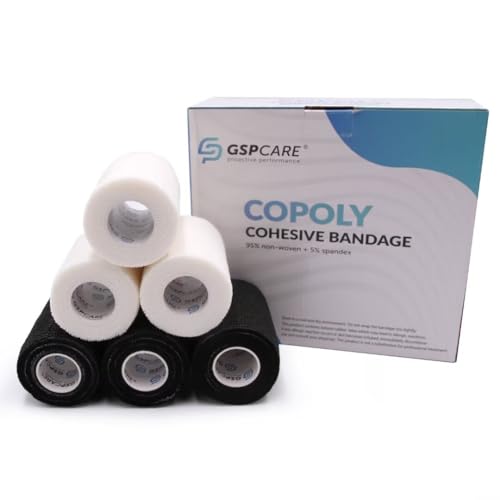 GSPCARE Selbsthaftende Bandage 7.5 cm x 4,5 m, 6 Rollen Elastisch Kohäsiver Verband Tierverband Selbstklebend, Haftbandage für Schwellungen der Knöchelverstauchungen am Handgelenk ( 3 Weiß 3 Schwarz ) von GSPCARE